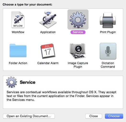 Open Automator and create a Service workflow.
