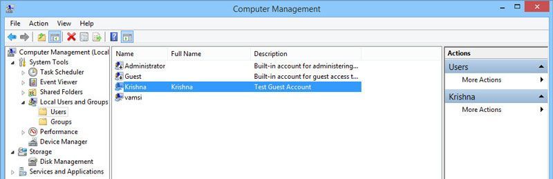 The new user account is created and listed in the Users list.