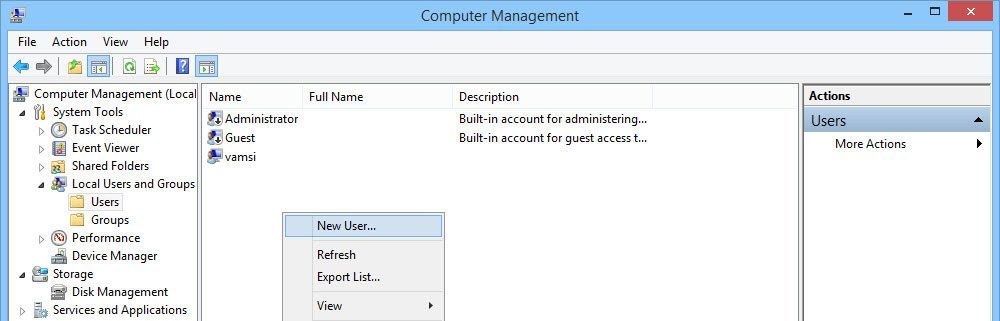Right-click and select the option 'New User.'