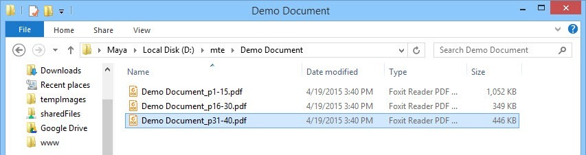 Splitted files saved to hard drive. Splitted files saved to hard drive.