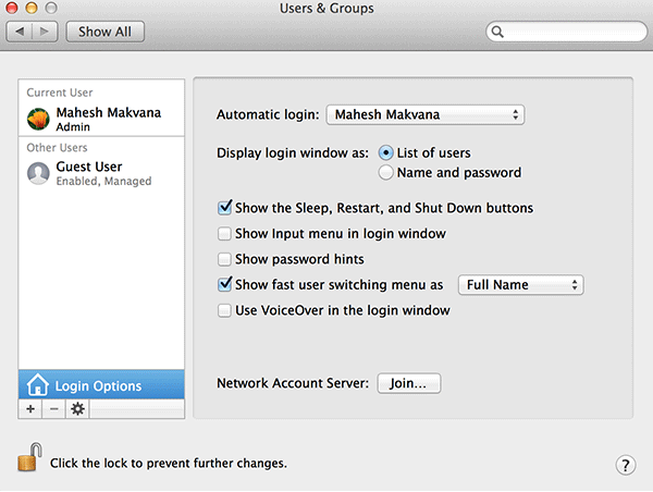 Select 'Show fast user switching menu as Full Name.'