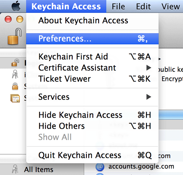 Click on 'Keychain Access' followed by 'Preferences....'