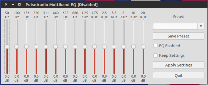 Pulse Audio Equalizer main configuration window.