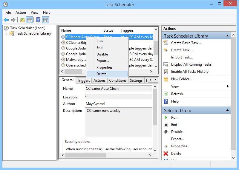 Right-click again on the task and select the 'Delete' option.
