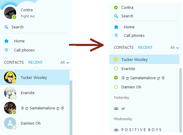 Fixing the contacts view in Skype: from that to this.