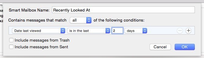 Make a new Smart Mailbox and call it 'Recently Looked At.'
