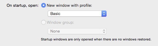 Select your new look from the 'On startup open new window with profile' dropdown.