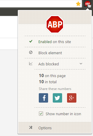 AdBlock Plus' on-page interface