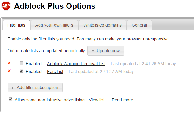 AdBlock Plus' options page.