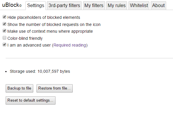 uBlock Origin's options page.