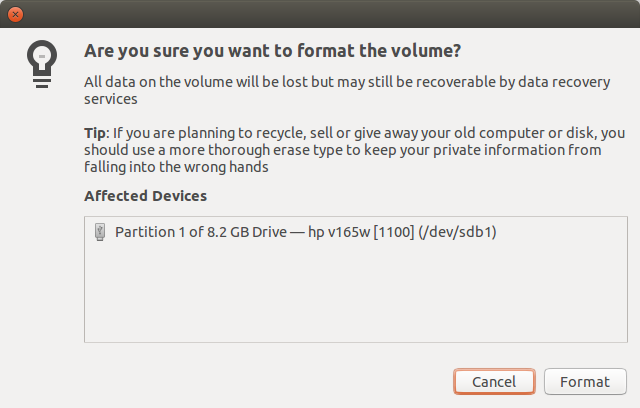 Confirm you want to format the volume.