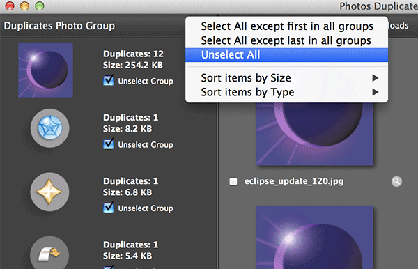 Click on the Menu icon and select 'Unselect All.' Click on the Menu icon and select 'Unselect All.'