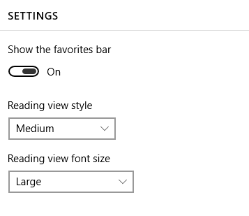 Reading mode options in Microsoft Edge.