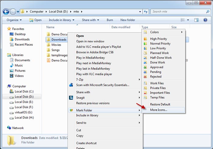 Right-click on the target folder and hover over the option 'Mark Folder.'