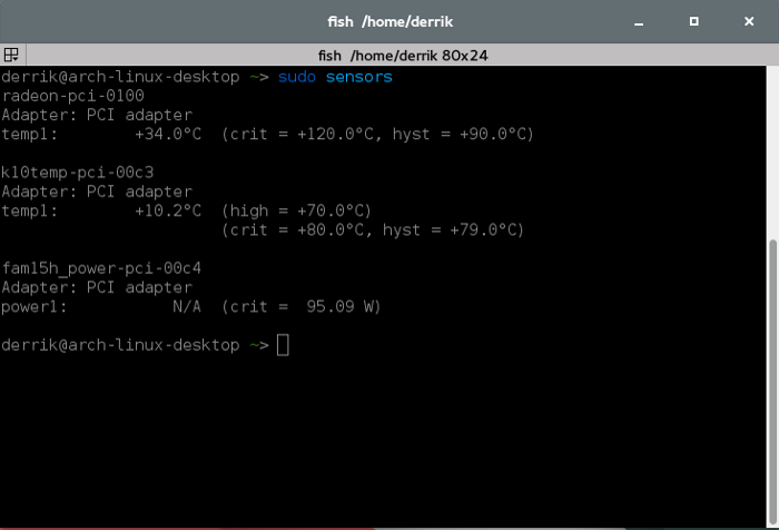 Open up a terminal window, and enter sudo sensors. Open up a terminal window, and enter sudo sensors.