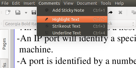 Select the option 'Comments -> Highlight Text.' Select the option 'Comments -> Highlight Text.'