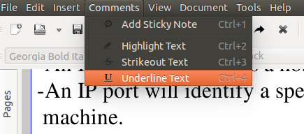 To underline text, select 'Comments -> Underline Text.' To underline text, select 'Comments -> Underline Text.'