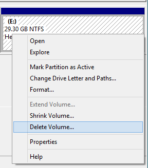 Delete volume in Windows.