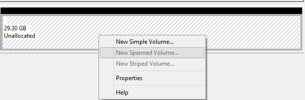 Select New Spanned, Striped or Mirrored Volume.
