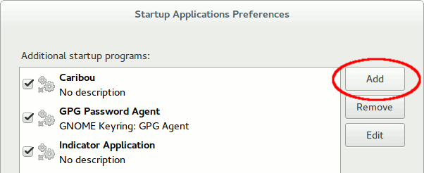 Ubuntu startup applications dialogue. Ubuntu startup applications dialogue.