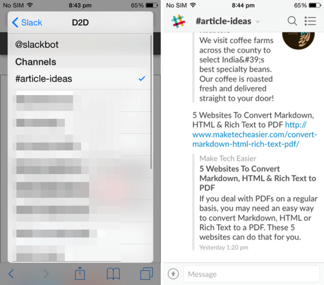Tapping the Slack button will show a pop-up with the page in the field.