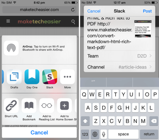 Enable Slack iOS extension in Safari.