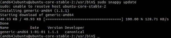 Update Ubuntu Snappy Core with: sudo snappy update.