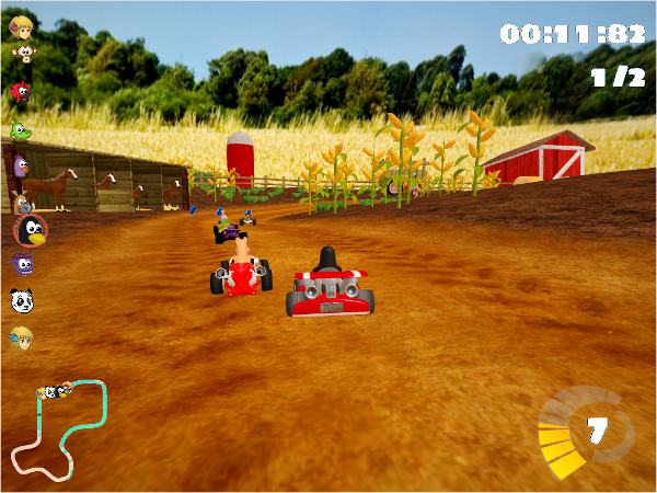 Racing in SuperTuxKart for Linux.