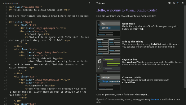The welcome screen is a mix of markup and markdown.