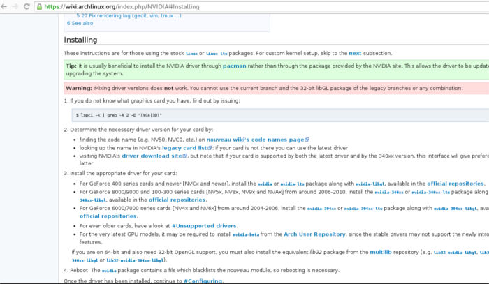 Arch Linux NVIDIA Wiki page.