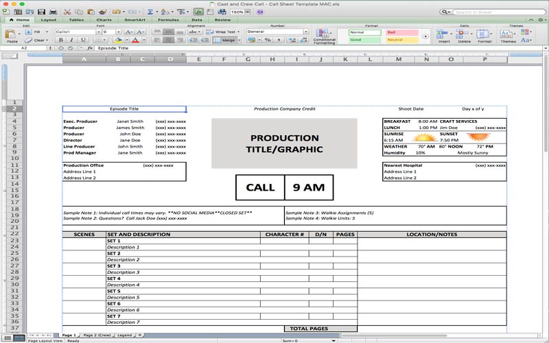 NoFilmSchool.com has a great free film production call sheet template for Excel.