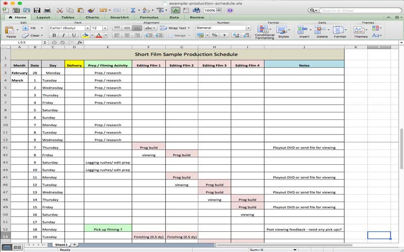 Screen HI offers a free and customizable film/TV production schedule for Excel.
