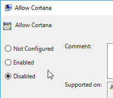 disable cortana win10 disable policy