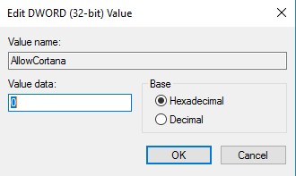 disable cortana win10 enter value data