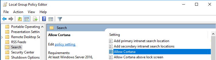disable cortana win10 open policy