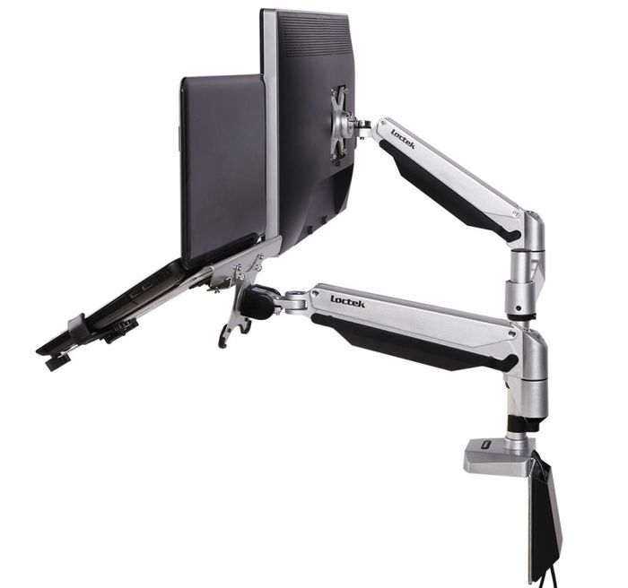 Loctek Dual Arm Desk Mount side view.