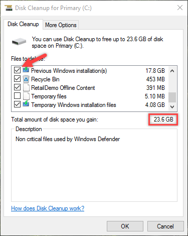 remove windows old folder total file size