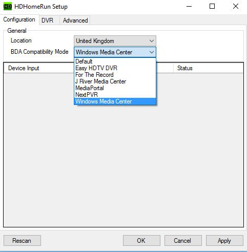 set-up-windows-media-center-hd-homerunhd Selecying "Windows Media Center" as a configuration type in the BDA Compatibility Mode of HDHomeRun.