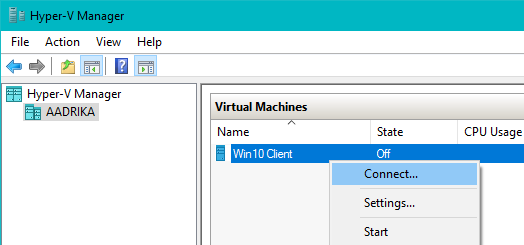 win10 hyper-v click on connect