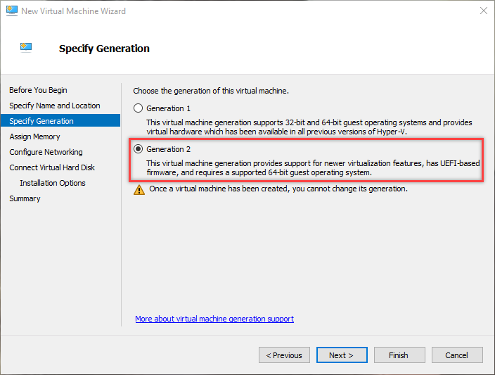 win10 hyper-v select generation