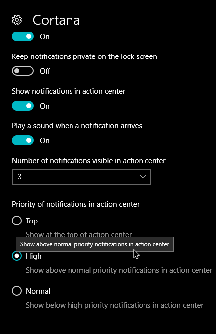 win10 notification priorities cortana demoted priority