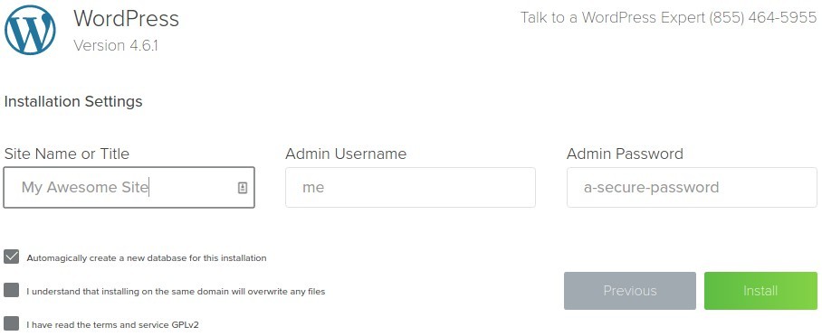 WordPress installation settings on Bluehost. WordPress installation settings on Bluehost.