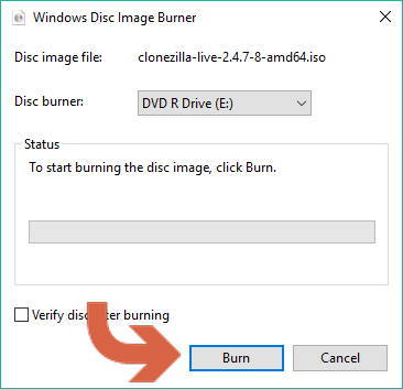 clonezilla disk image burn button