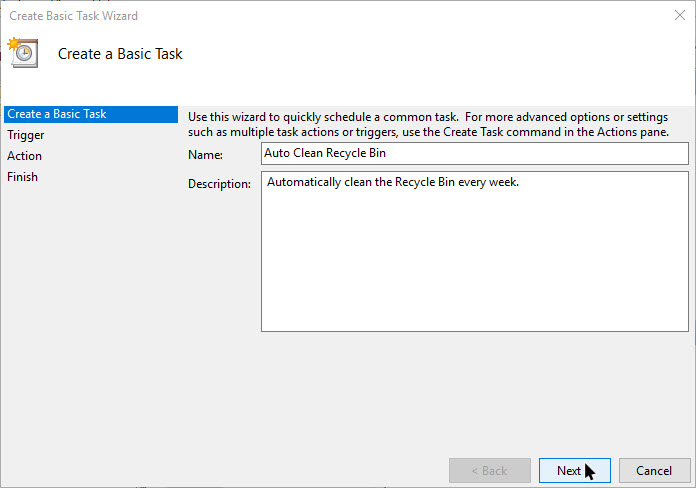 Adding description for new task in Task Scheduler.