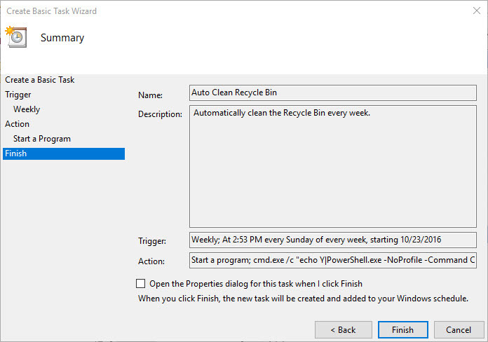 Clicking "Finish" on new task in Task Scheduler.