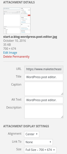 WordPress media attachment details. WordPress media attachment details.