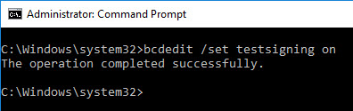 Executing the command prompt command to enter Test Mode to install unsigned drivers.