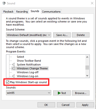 Enabling Windows to play the Windows 95 startup sound