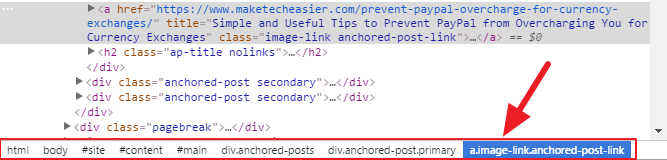 google chrome inspect element breadcrumb trail