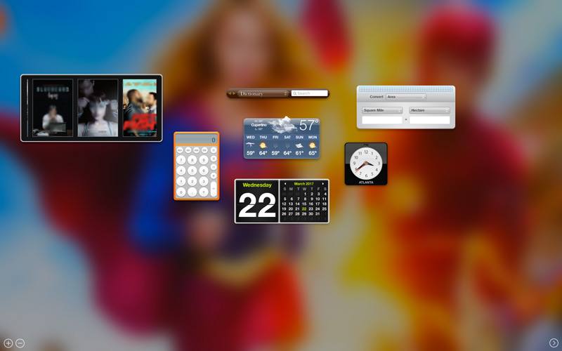 Use Mac OS X Dashboard widgets for quick and useful tasks like Dictionary, Weather, and Movies. Use Mac OS X Dashboard widgets for quick and useful tasks like Dictionary, Weather, and Movies.